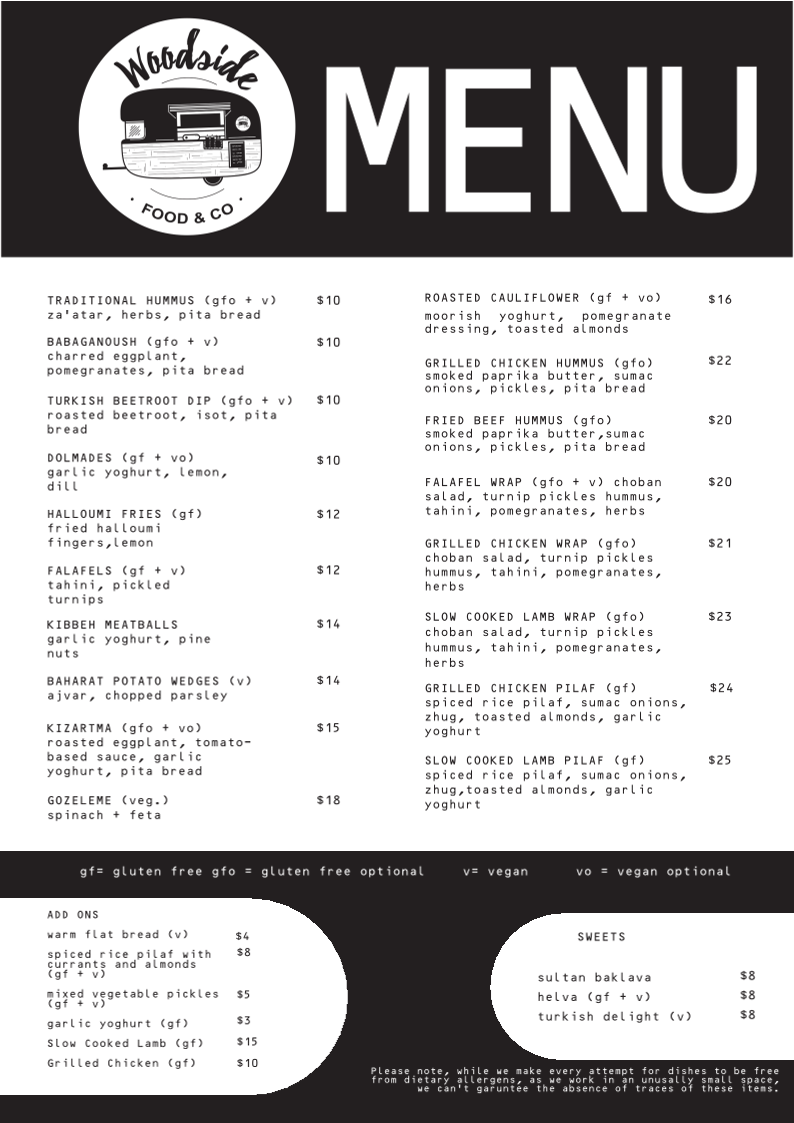Menu, Woodside Food & Co | Food Truck & Catering | Ballarat