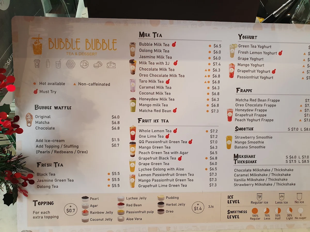 Menu, Bubble Bubble Park Ridge