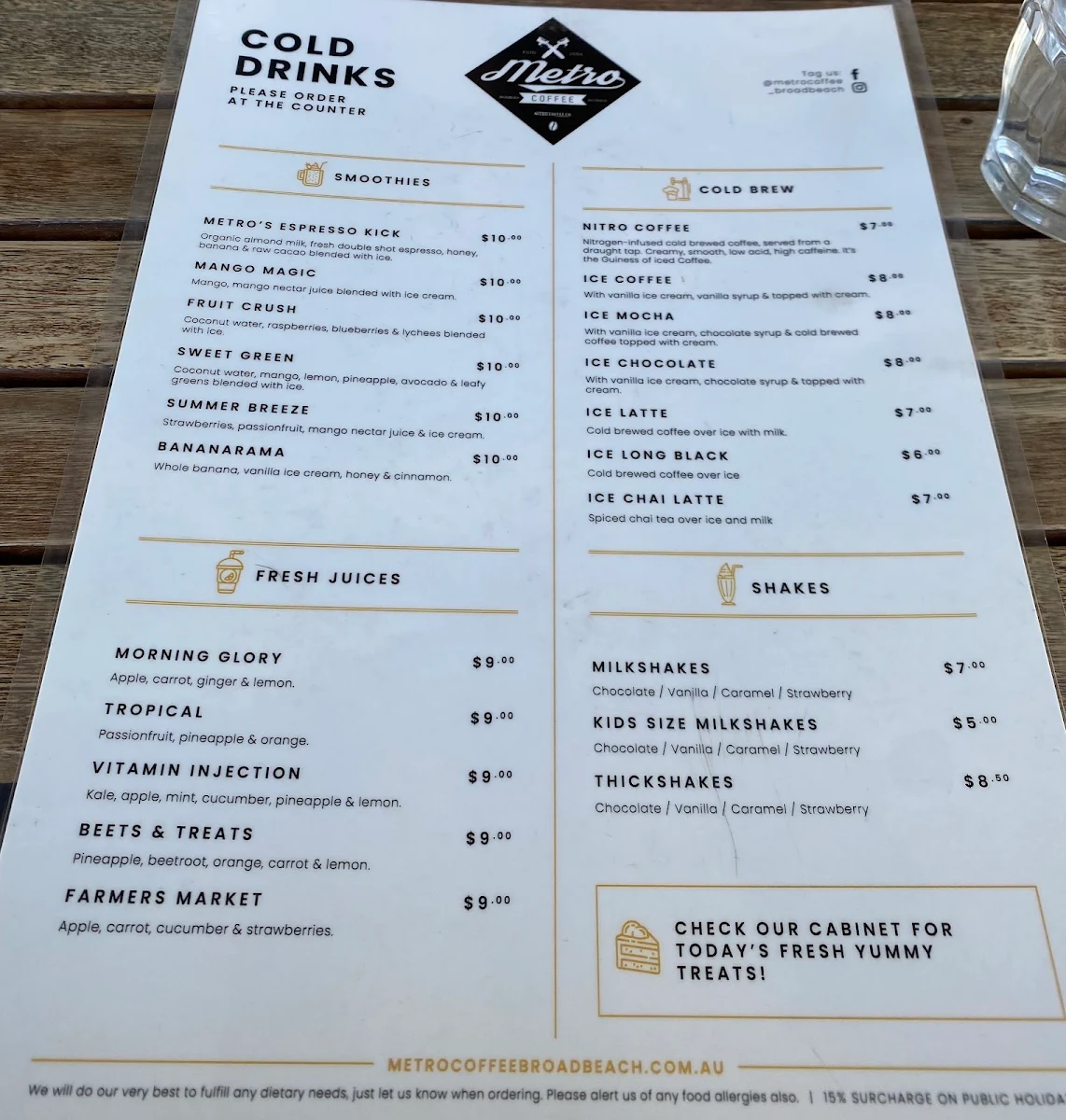 Menu, Metro Coffee