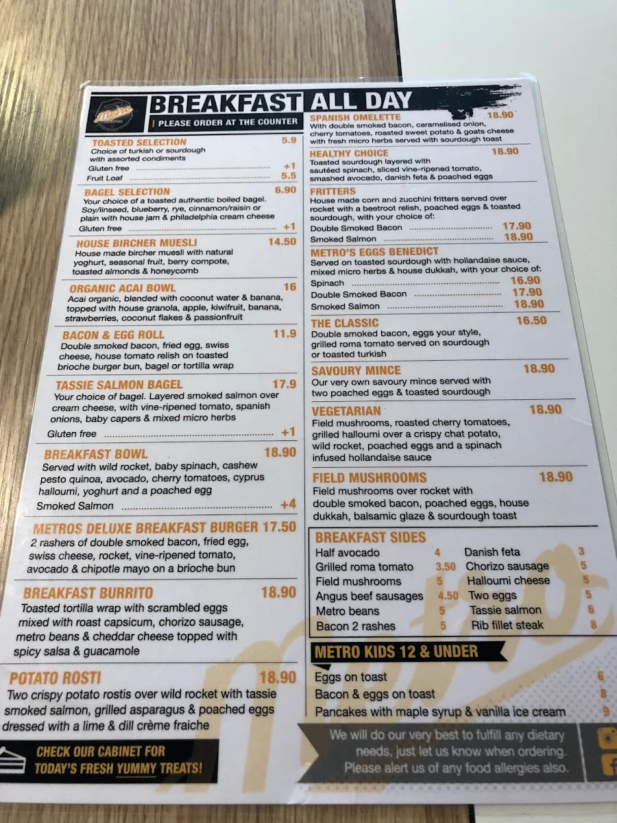 Menu, Metro Coffee