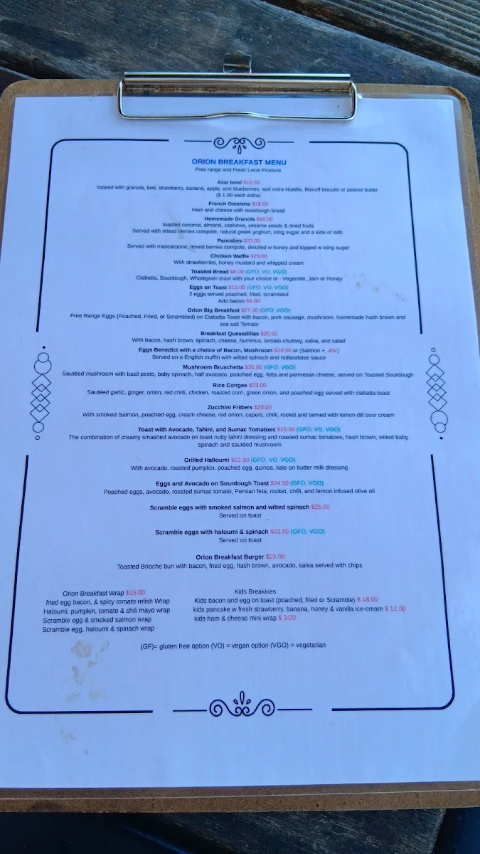 Menu, Orion Cafe