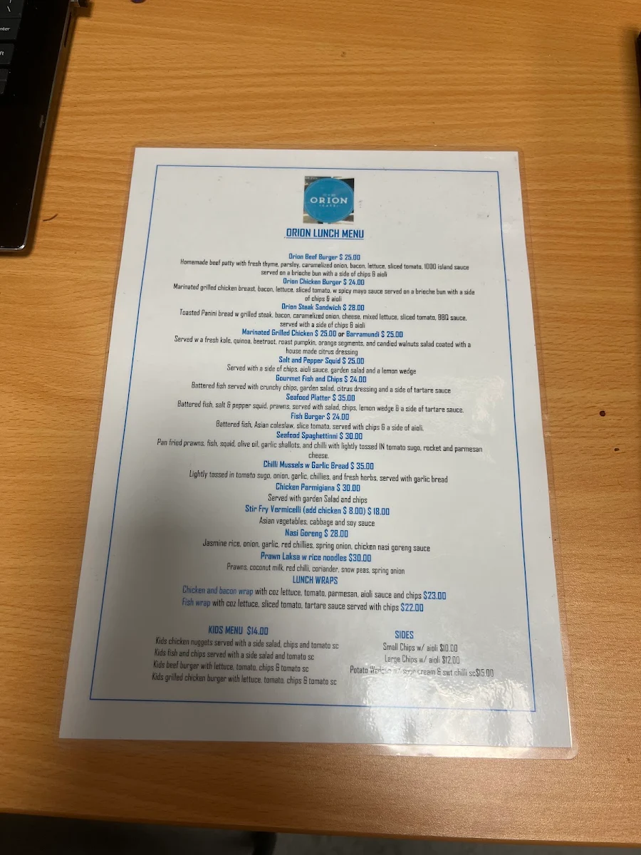 Menu, Orion Cafe