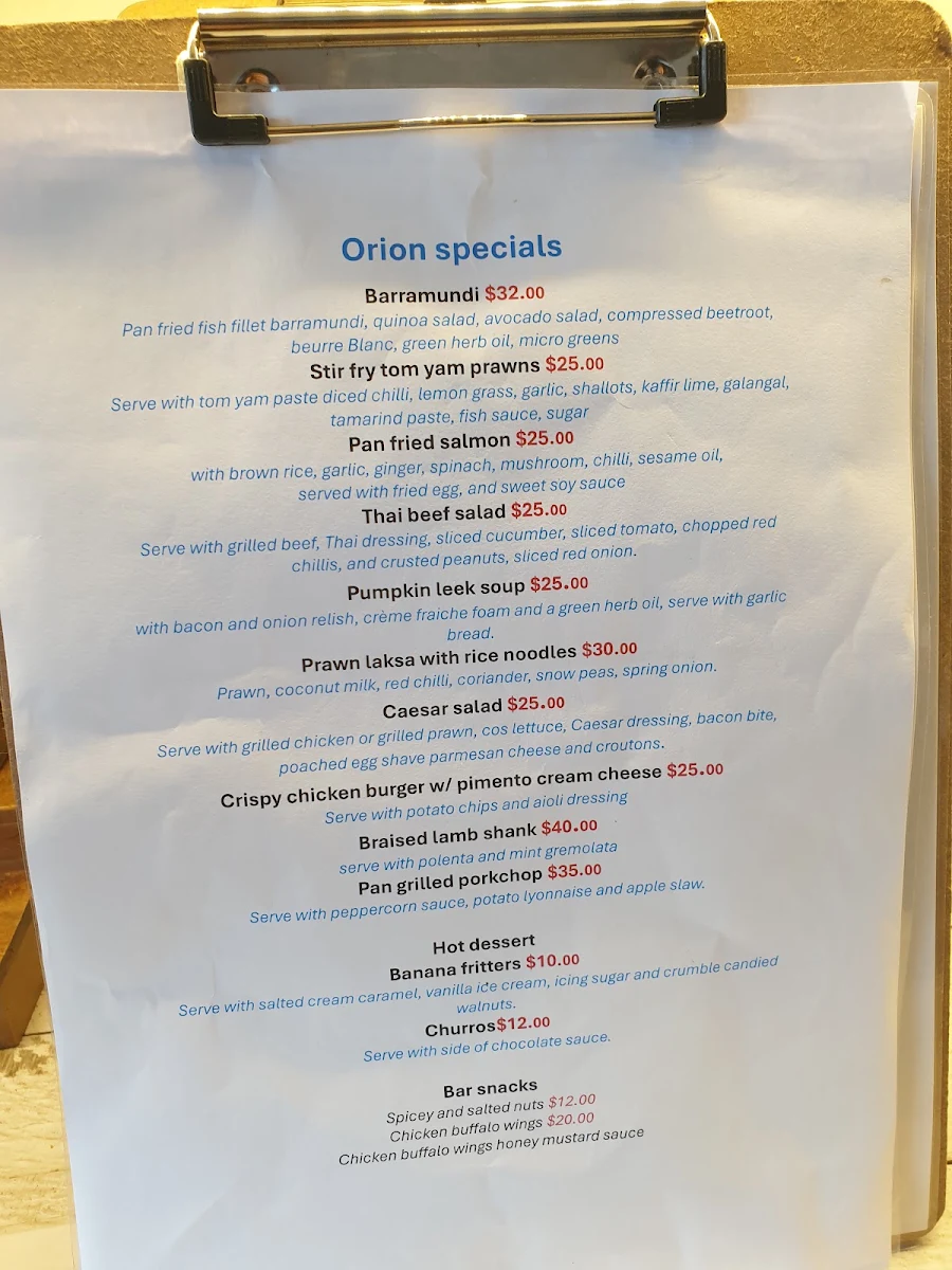 Menu, Orion Cafe