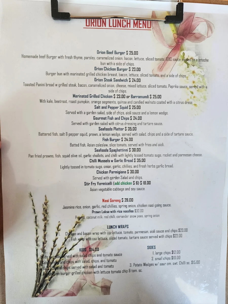 Menu, Orion Cafe