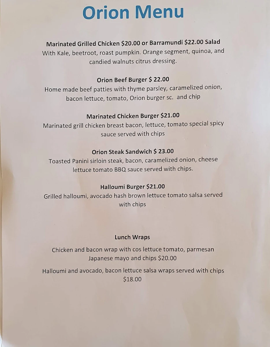 Menu, Orion Cafe