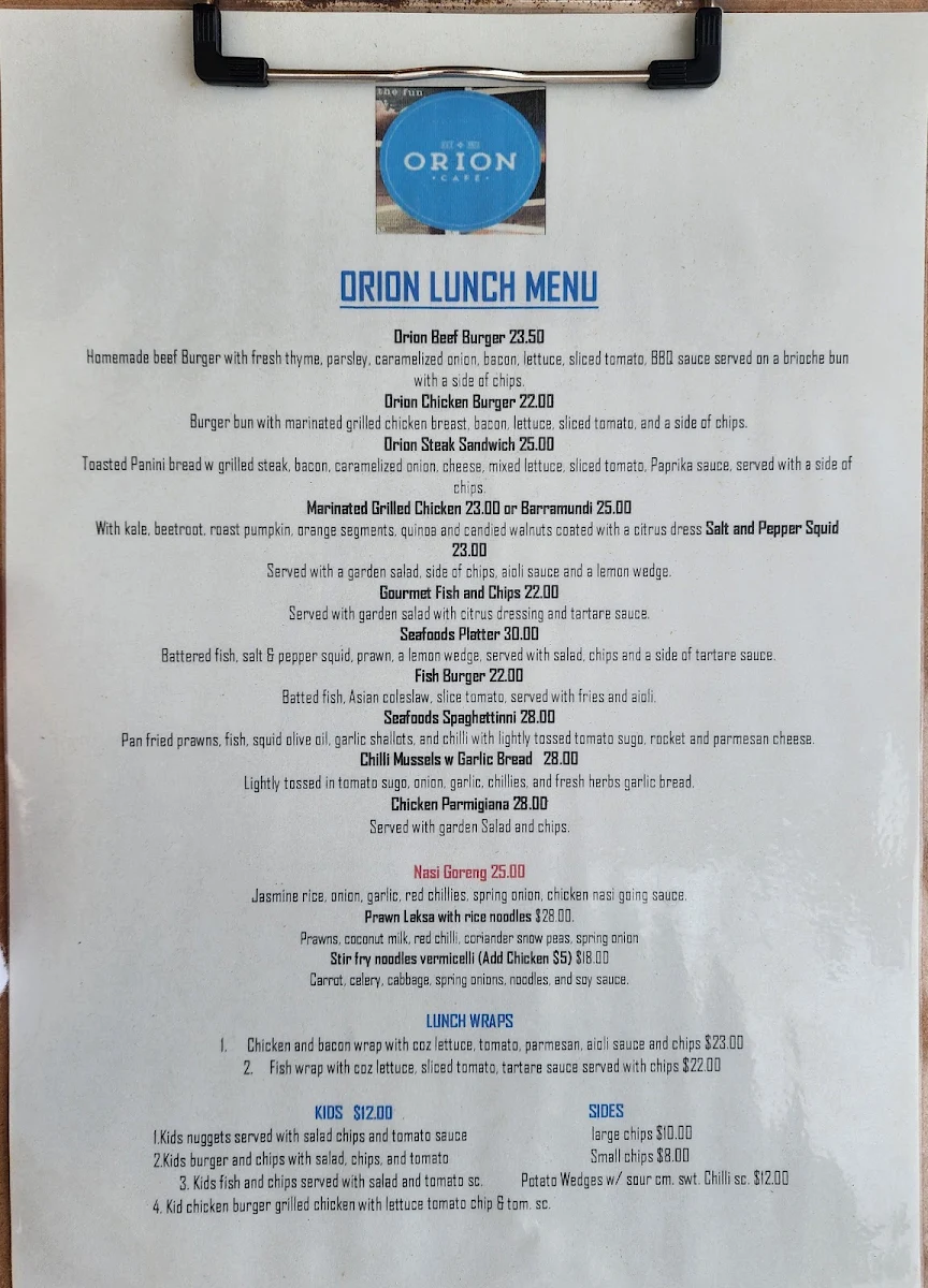 Menu, Orion Cafe