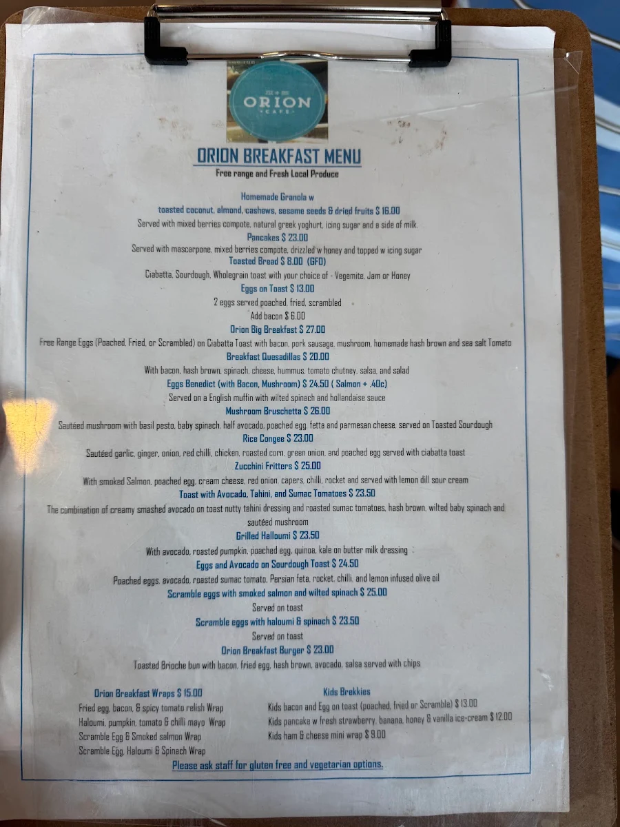 Menu, Orion Cafe