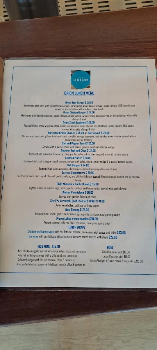 Menu, Orion Cafe