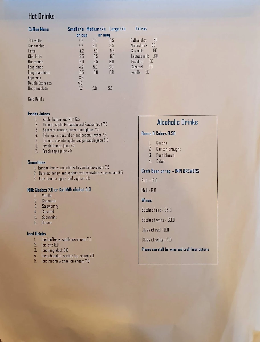Menu, Orion Cafe