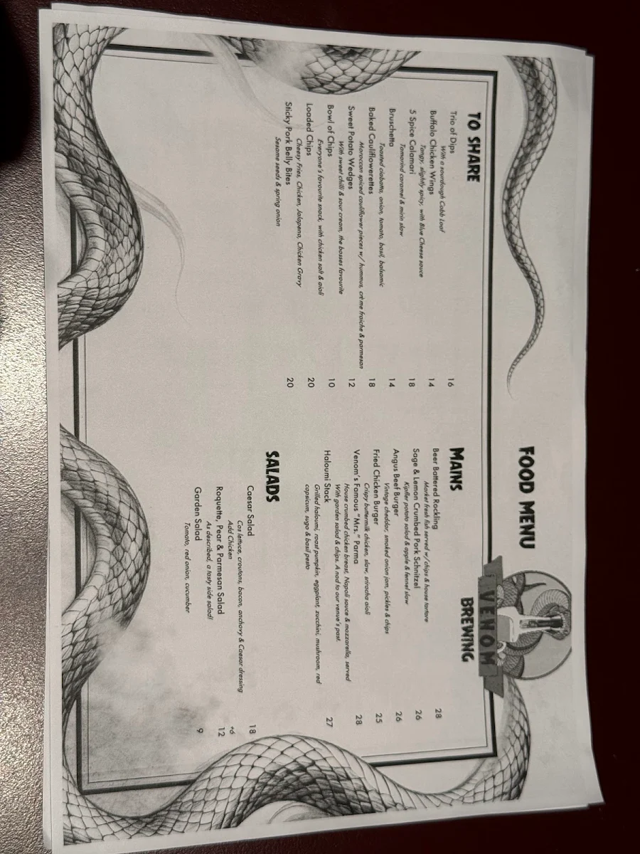 Menu, Venom Brewing Taproom