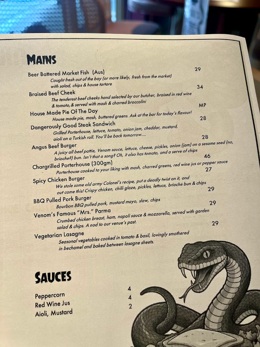 Menu, Venom Brewing Taproom