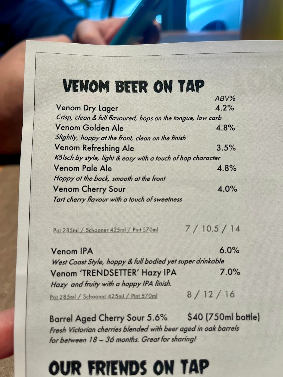 Menu, Venom Brewing Taproom