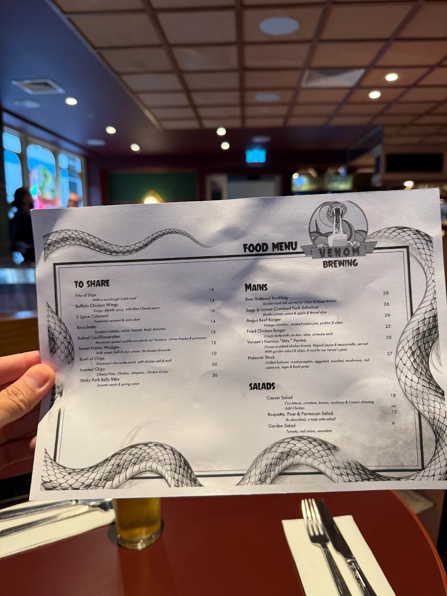 Menu, Venom Brewing Taproom