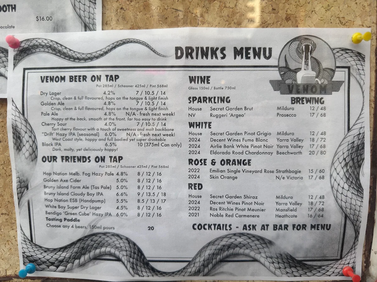 Menu, Venom Brewing Taproom