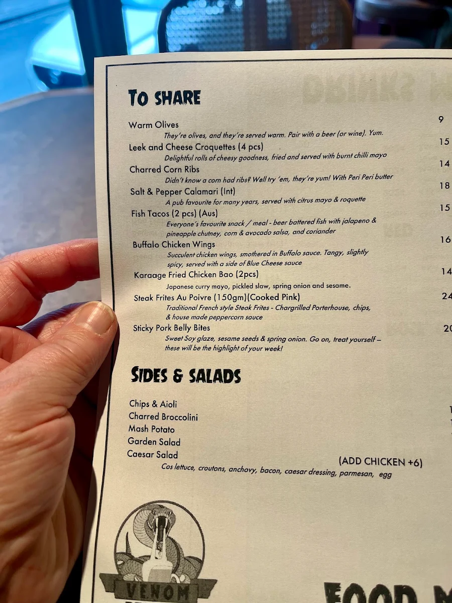 Menu, Venom Brewing Taproom