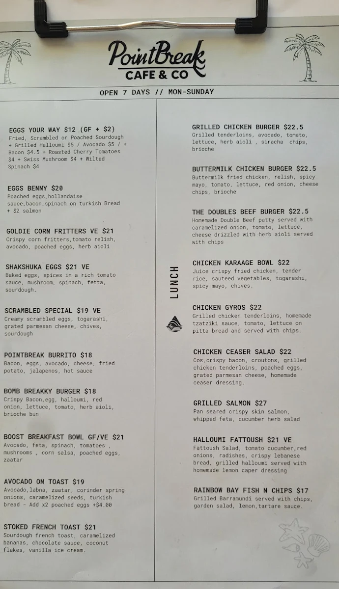 Menu, PointBreak Cafe & Co