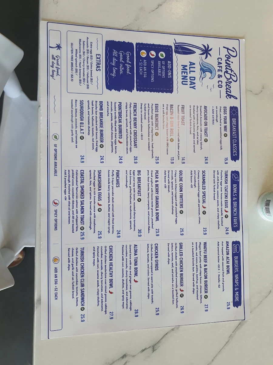 Menu, PointBreak Cafe & Co