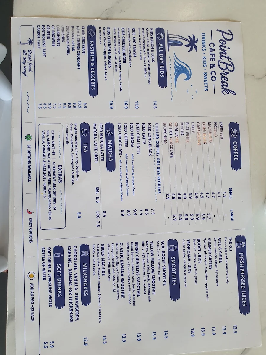 Menu, PointBreak Cafe & Co
