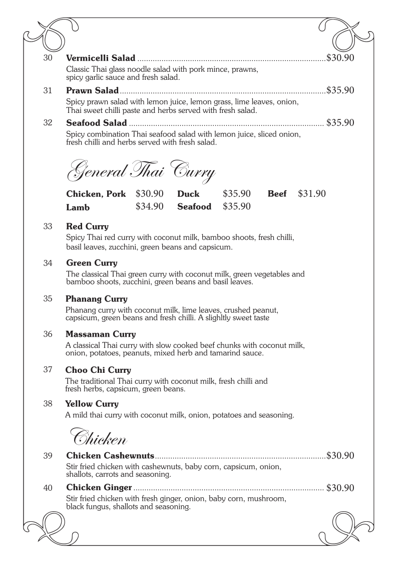 Menu, Chiangmai Thai Broadbeach