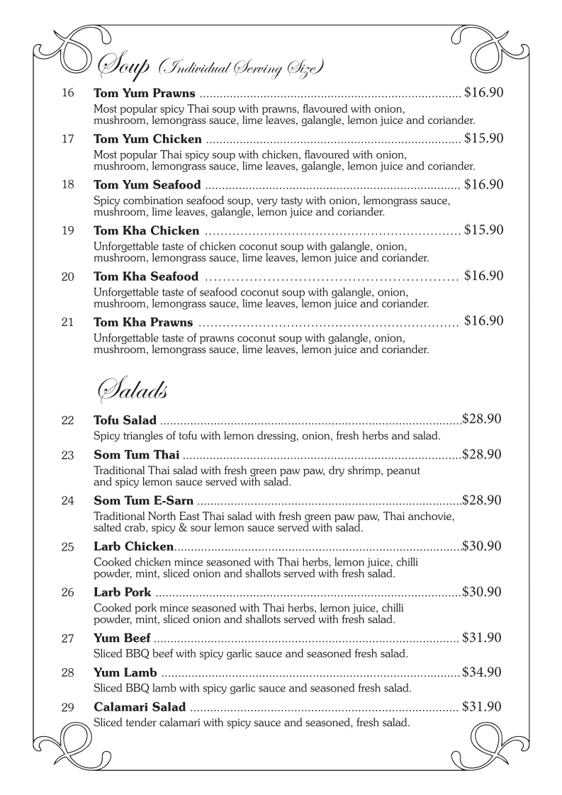 Menu, Chiangmai Thai Broadbeach