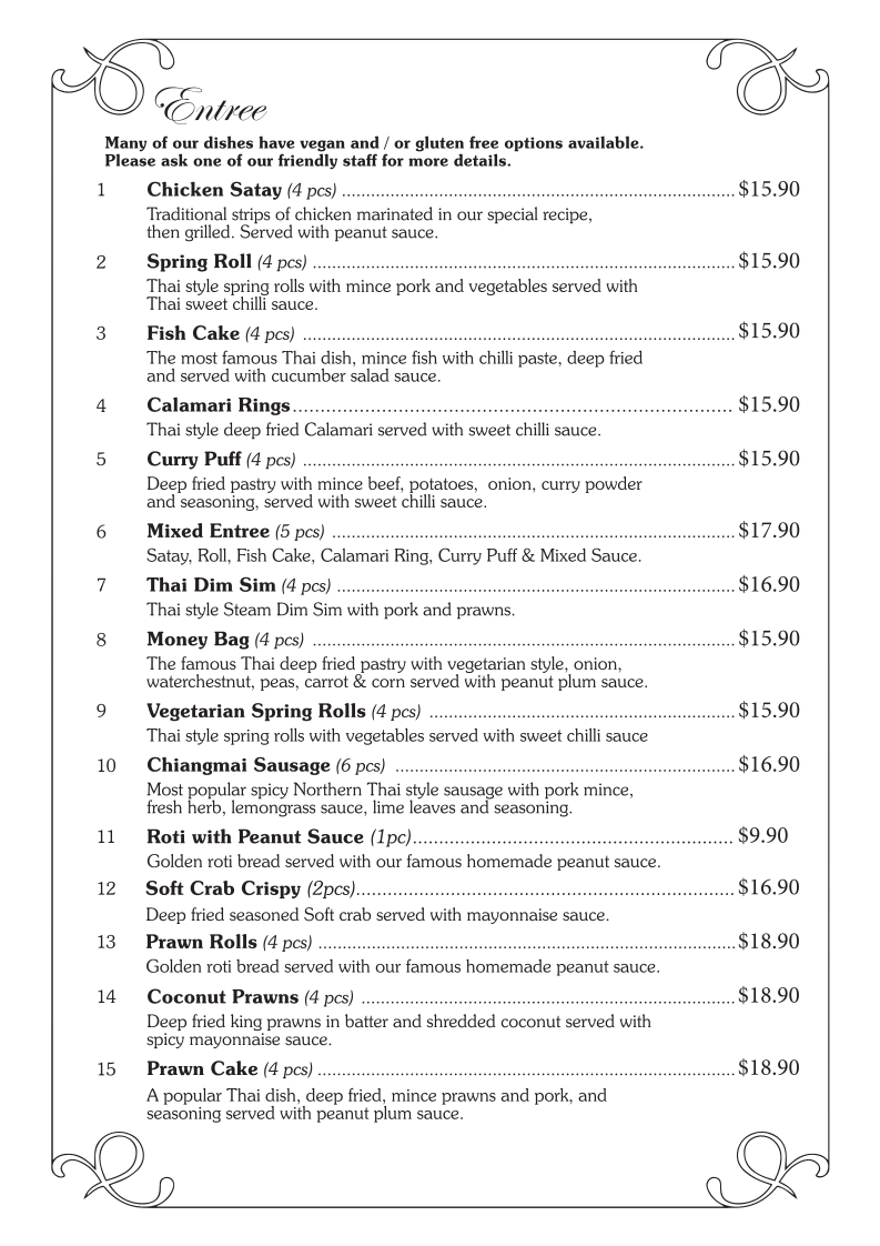 Menu, Chiangmai Thai Broadbeach