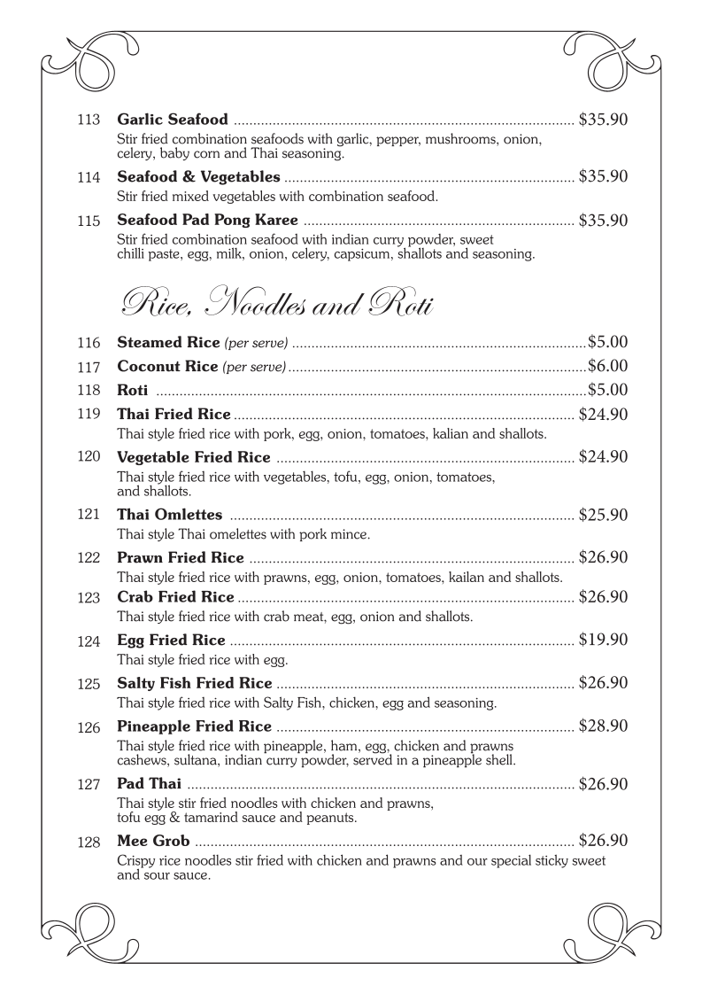 Menu, Chiangmai Thai Broadbeach