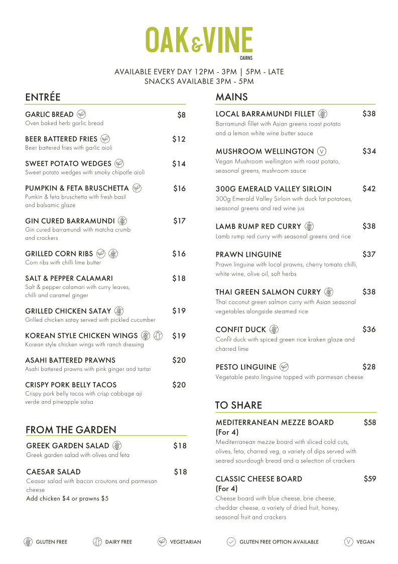Menu, Restaurant Oak & Vine - Cairns