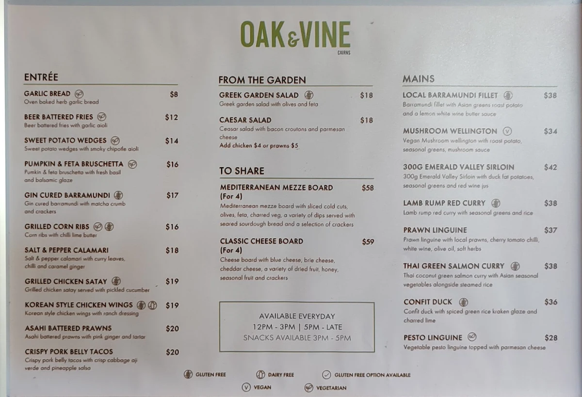 Menu, Restaurant Oak & Vine - Cairns