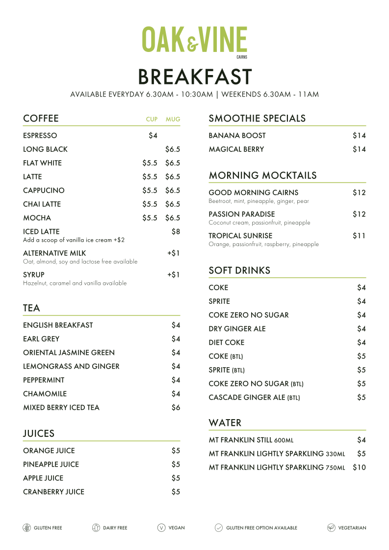 Menu, Restaurant Oak & Vine - Cairns