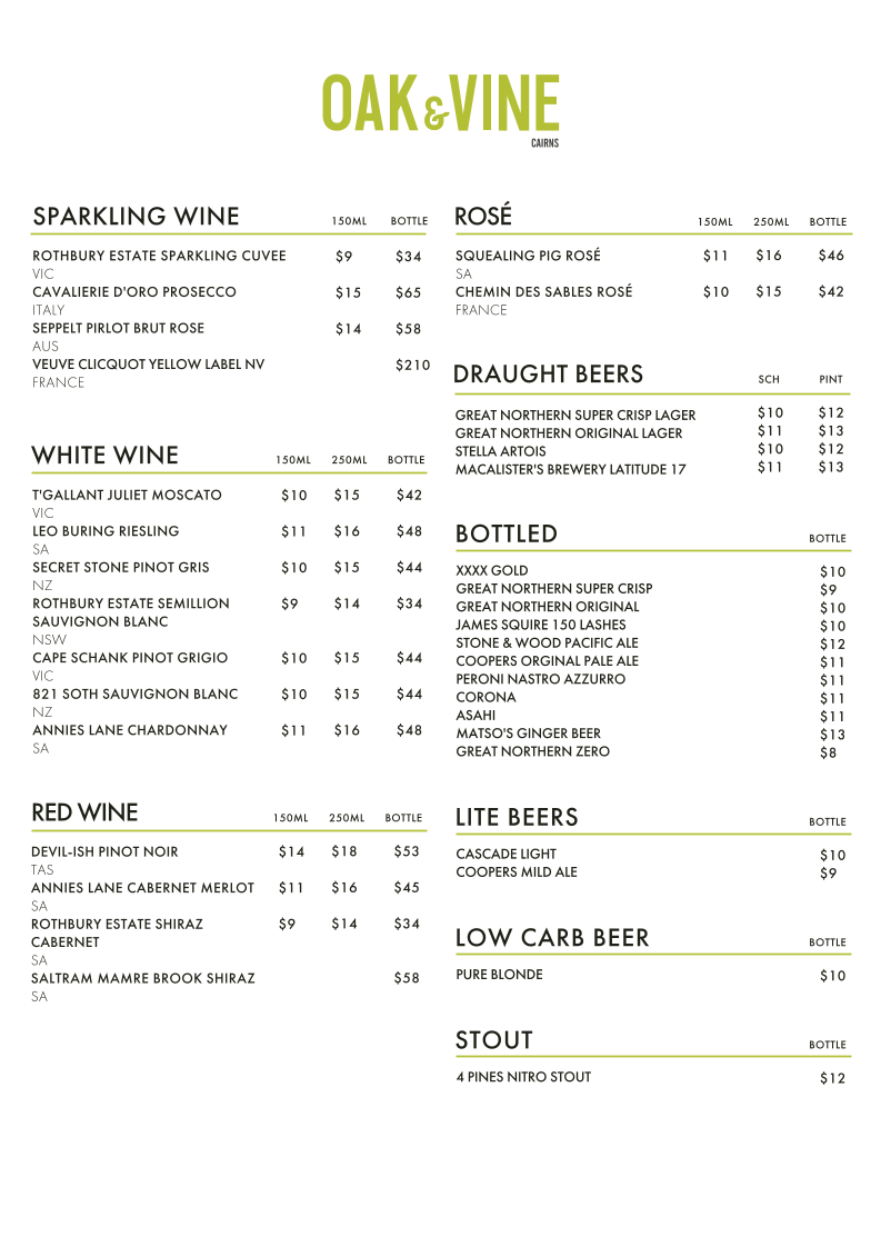 Menu, Restaurant Oak & Vine - Cairns