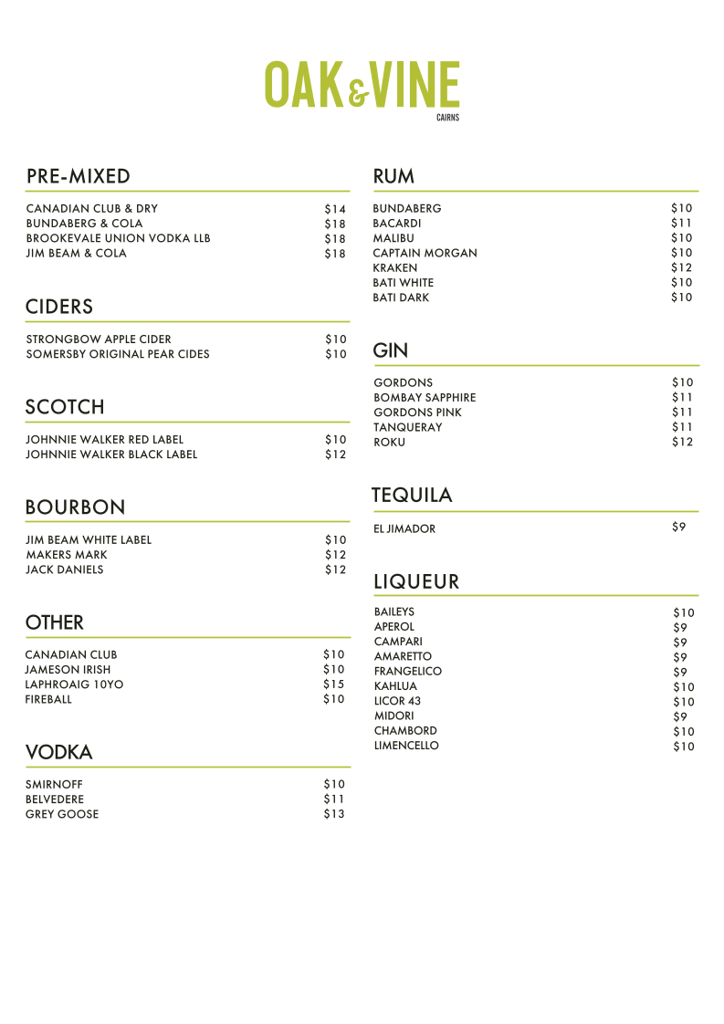 Menu, Restaurant Oak & Vine - Cairns