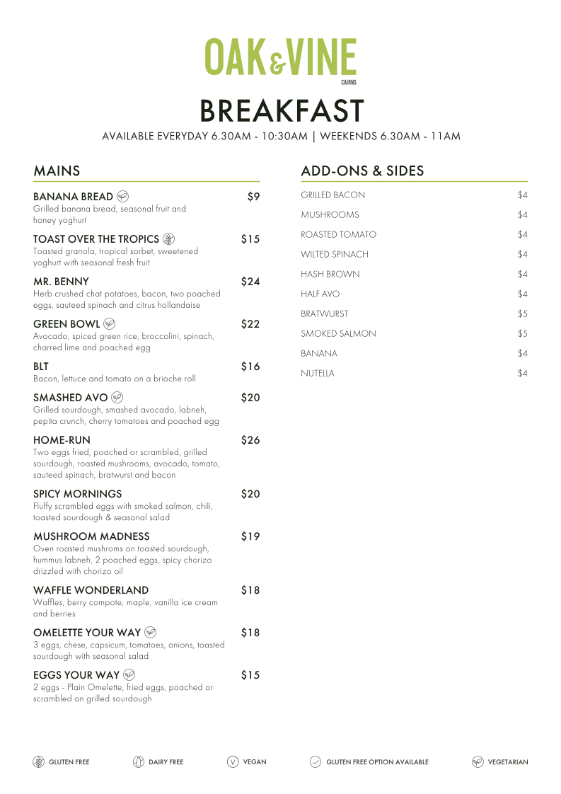 Menu, Restaurant Oak & Vine - Cairns