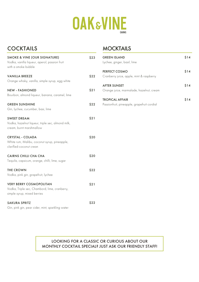 Menu, Restaurant Oak & Vine - Cairns