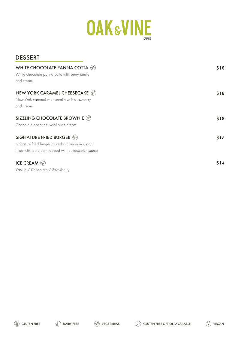 Menu, Restaurant Oak & Vine - Cairns