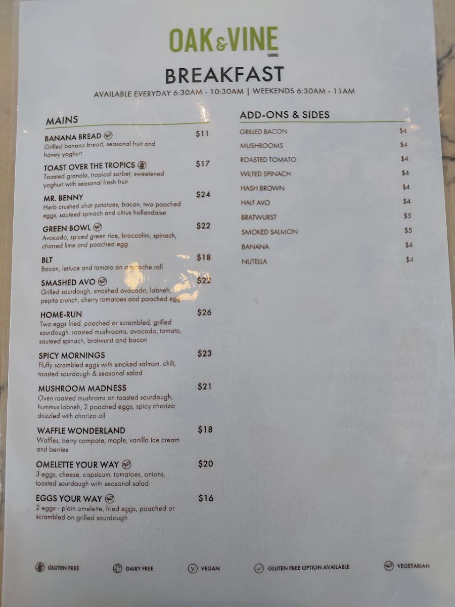 Menu, Restaurant Oak & Vine - Cairns