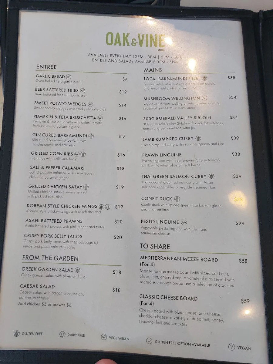 Menu, Restaurant Oak & Vine - Cairns