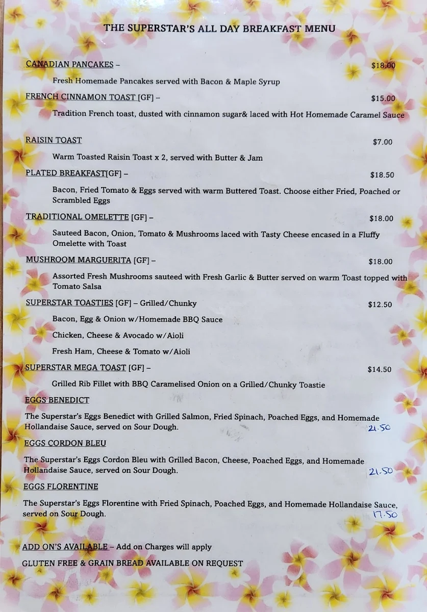 Menu, Superstar Cafe
