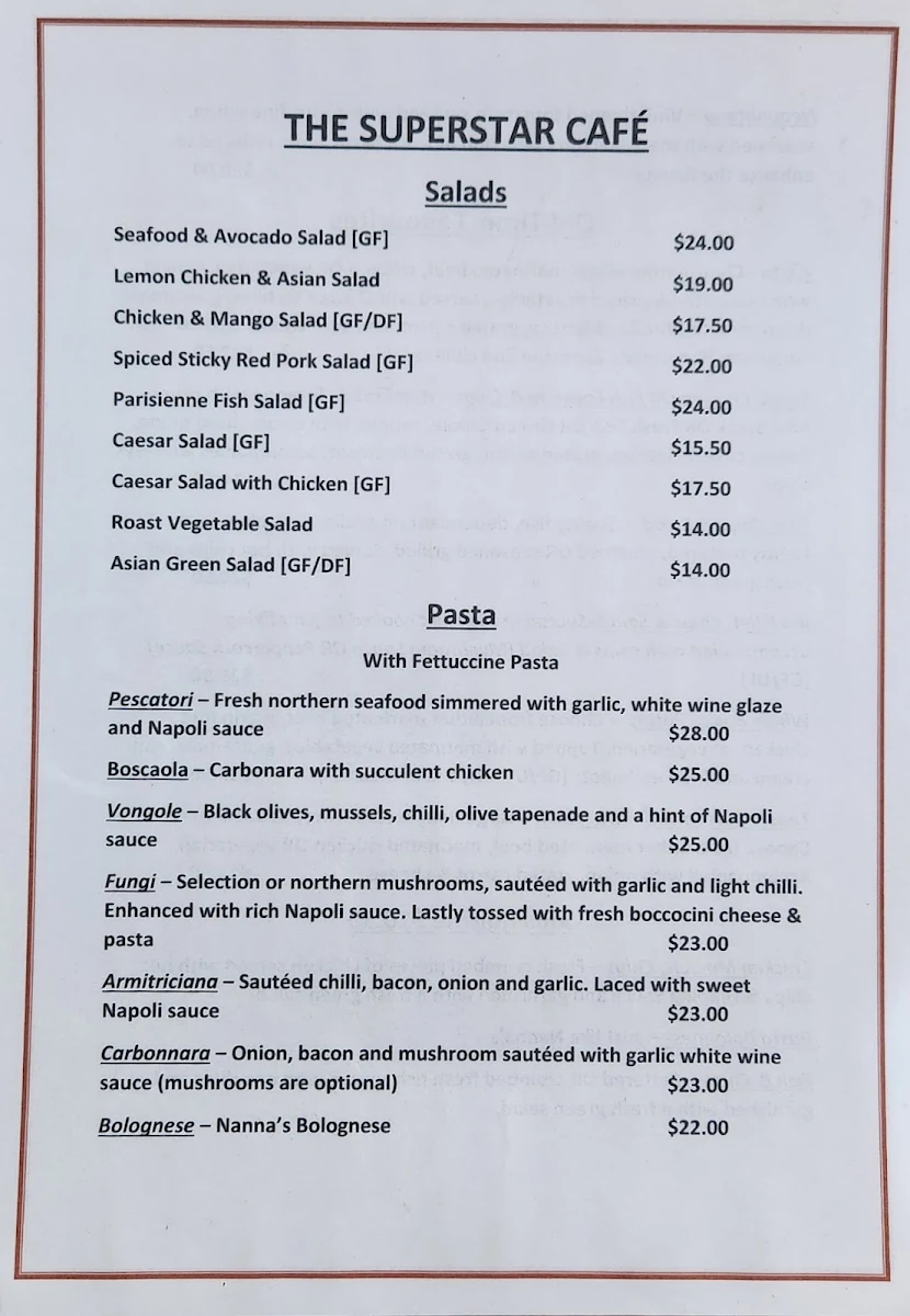 Menu, Superstar Cafe