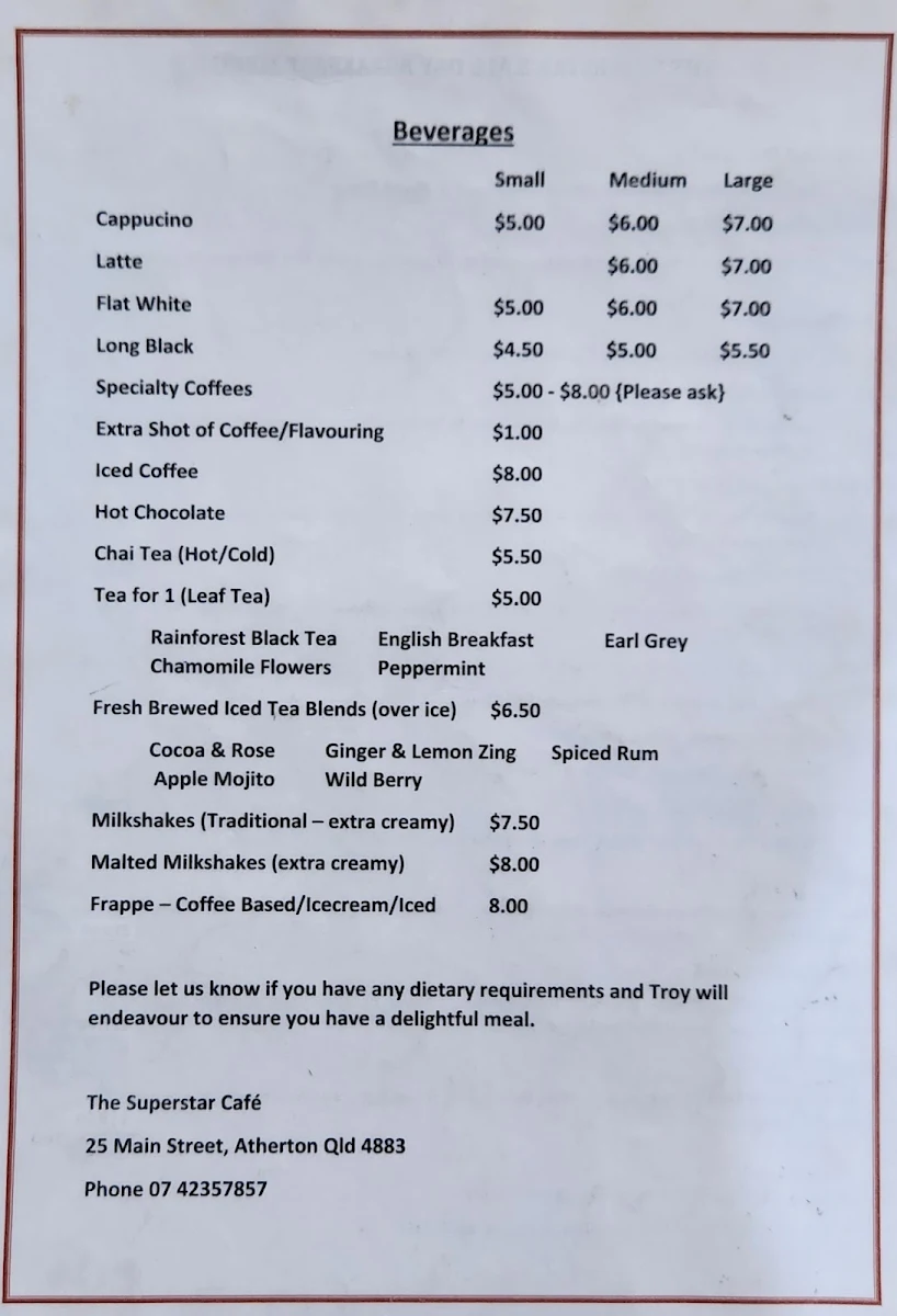 Menu, Superstar Cafe