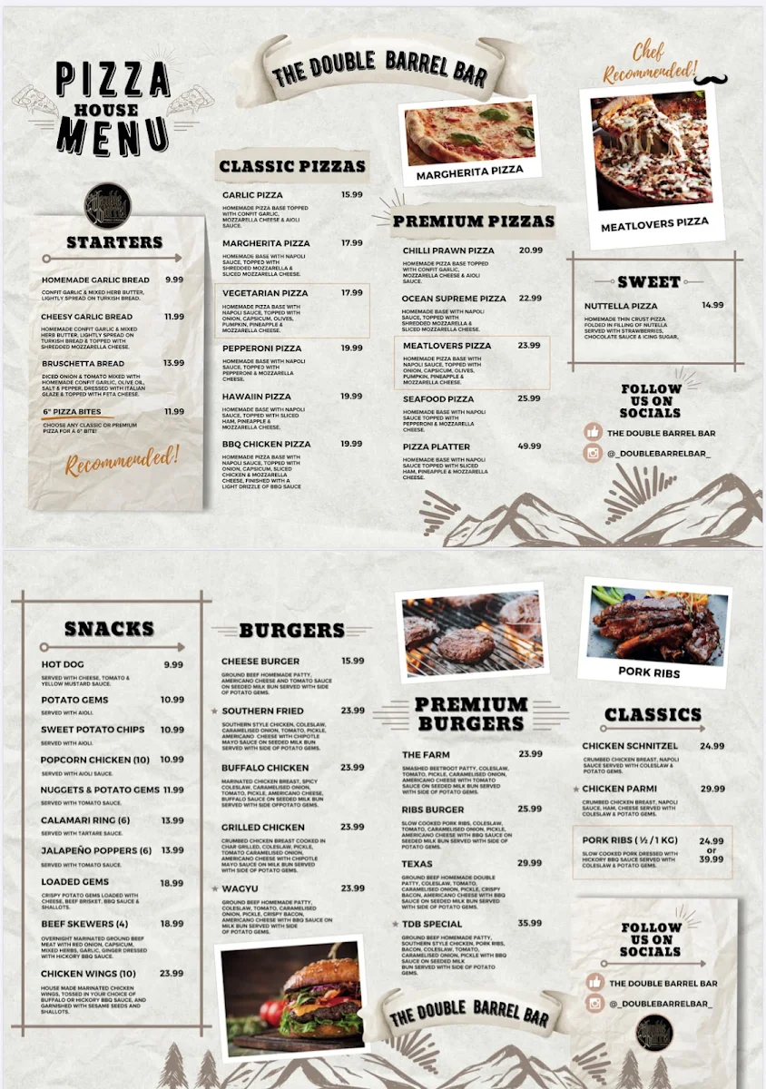 Menu, The Double Barrel Bar