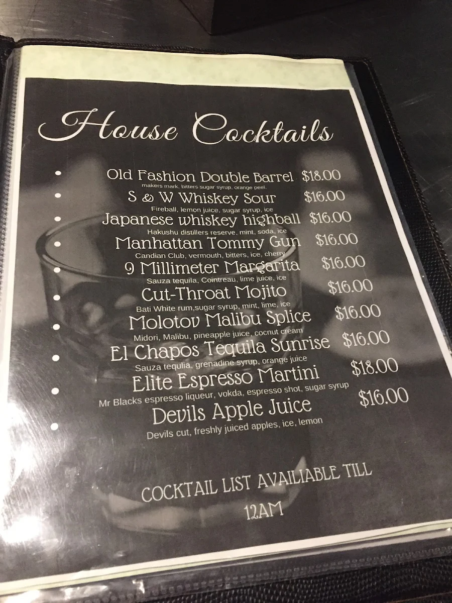 Menu, The Double Barrel Bar