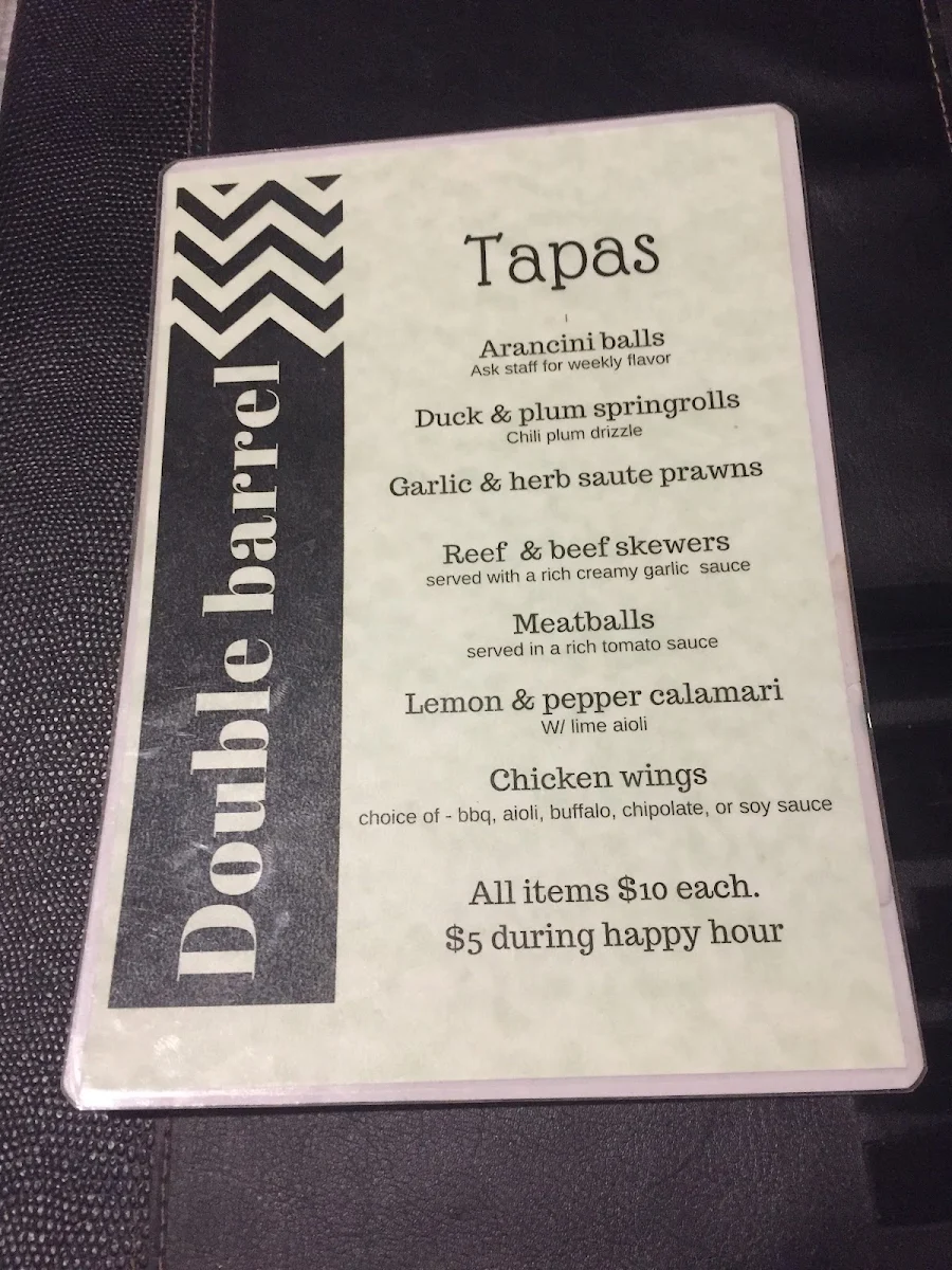 Menu, The Double Barrel Bar