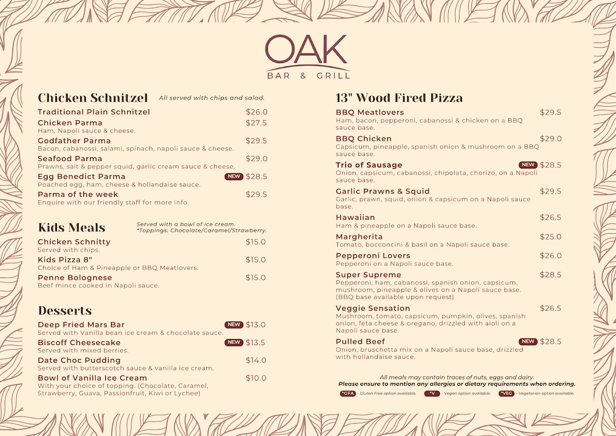 Menu, Oak Bar & Grill