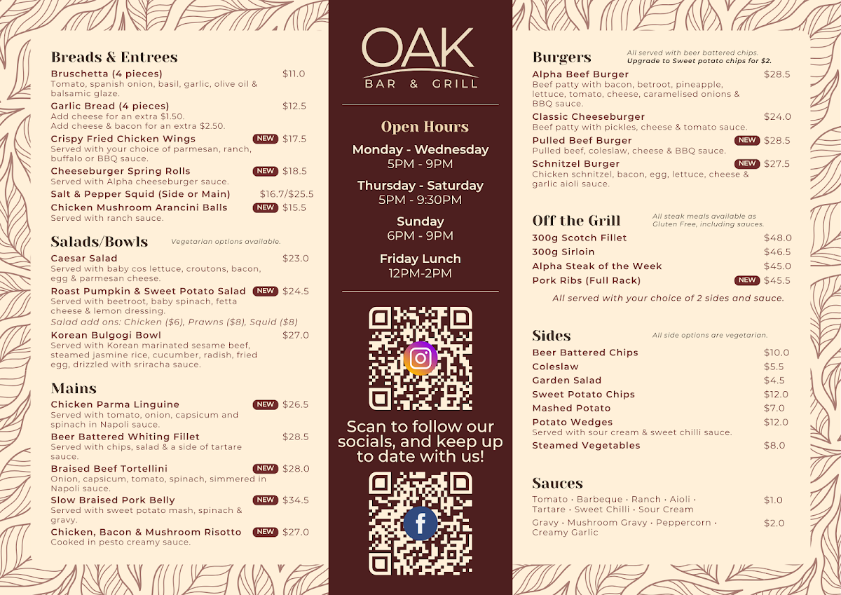 Menu, Oak Bar & Grill
