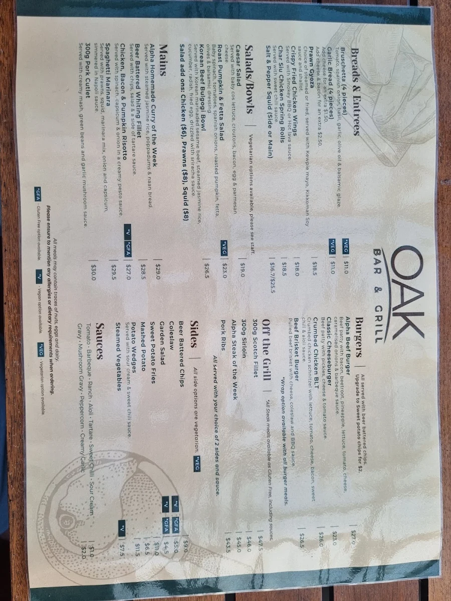 Menu, Oak Bar & Grill
