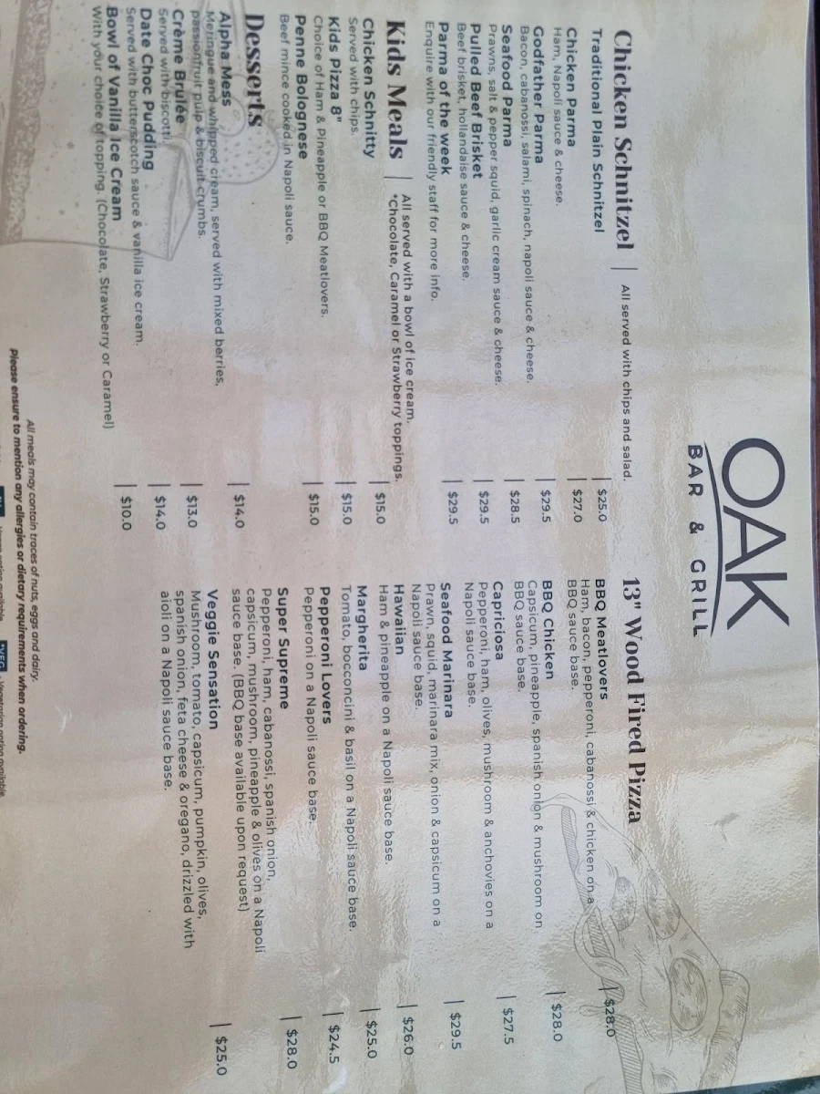Menu, Oak Bar & Grill