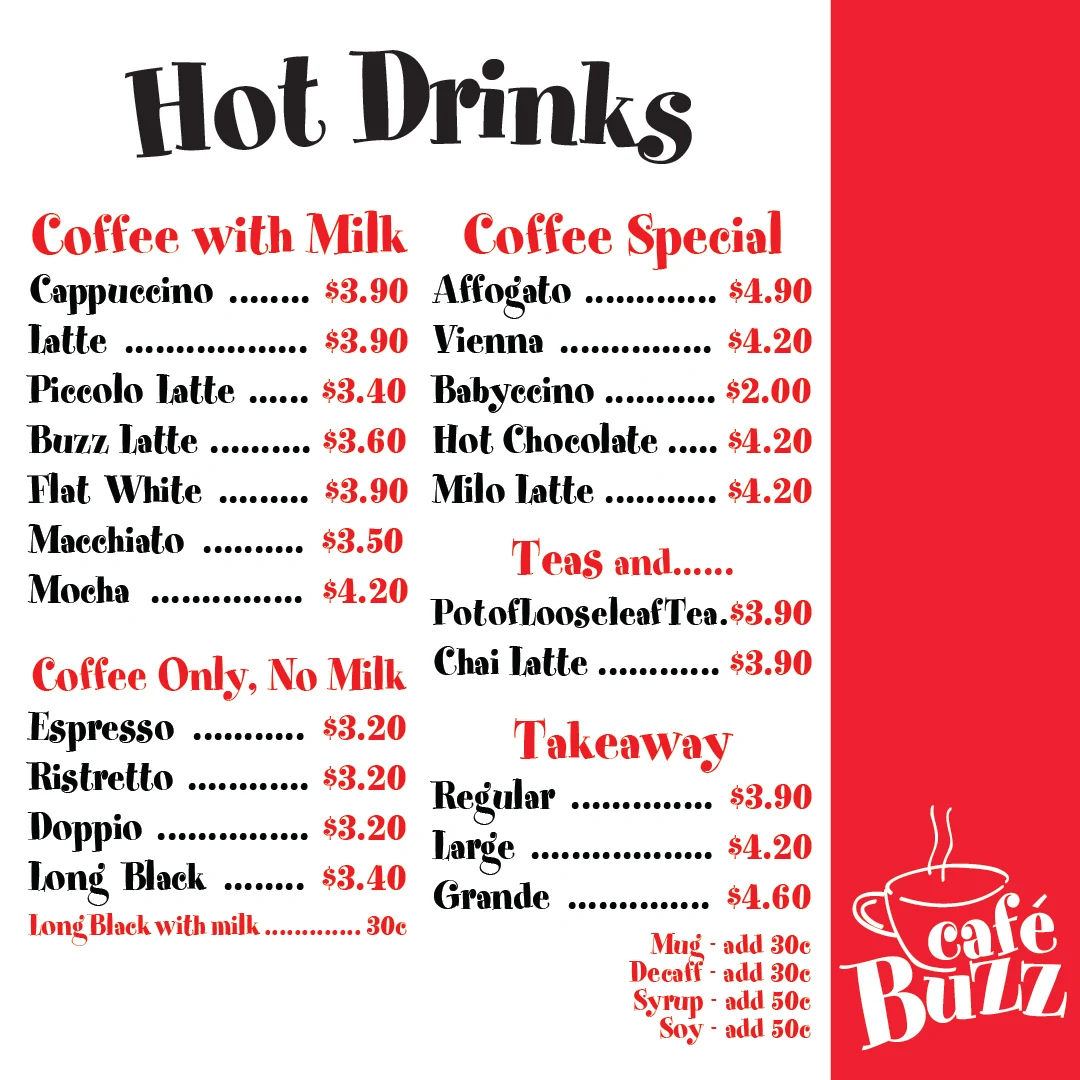Menu, Cafe Buzz