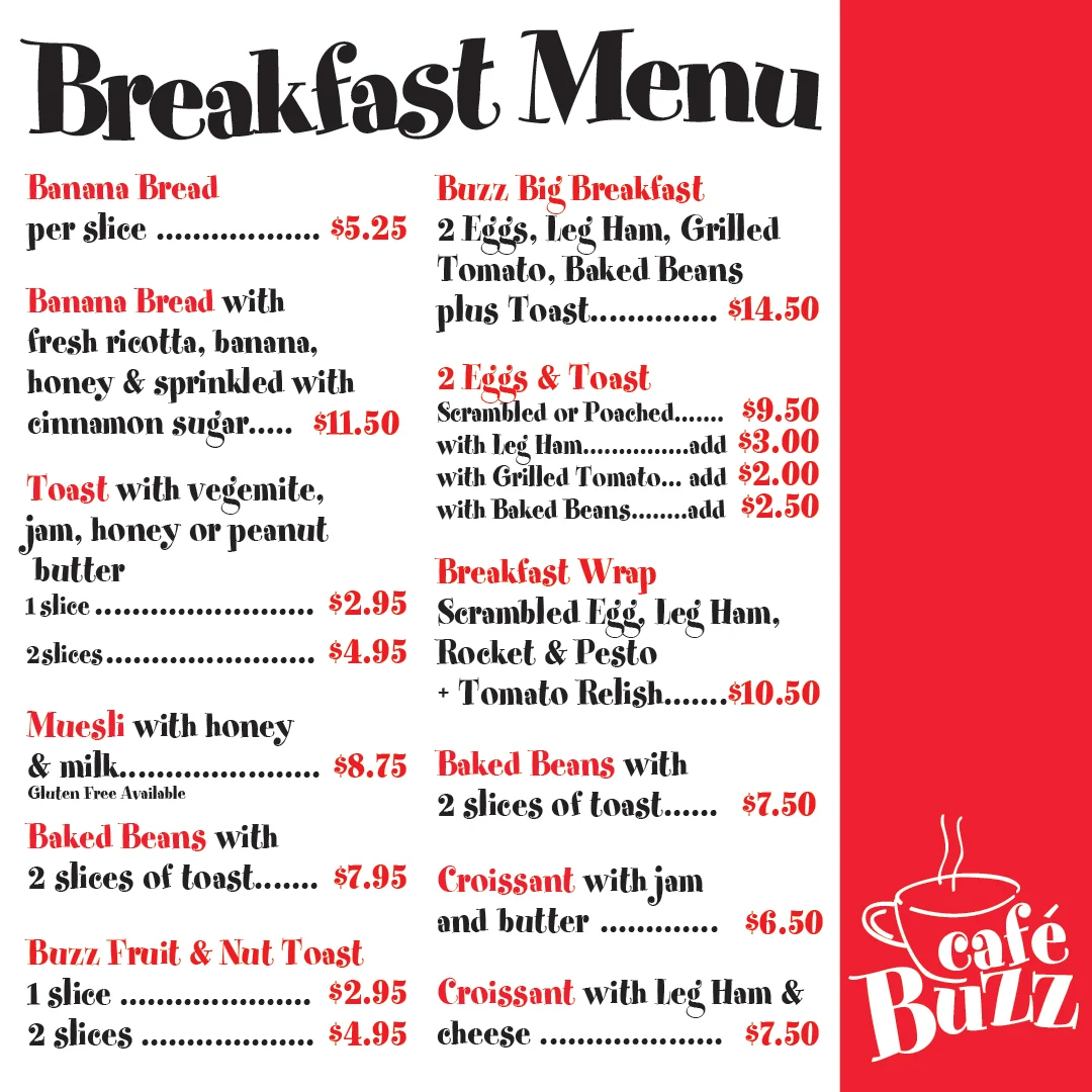 Menu, Cafe Buzz