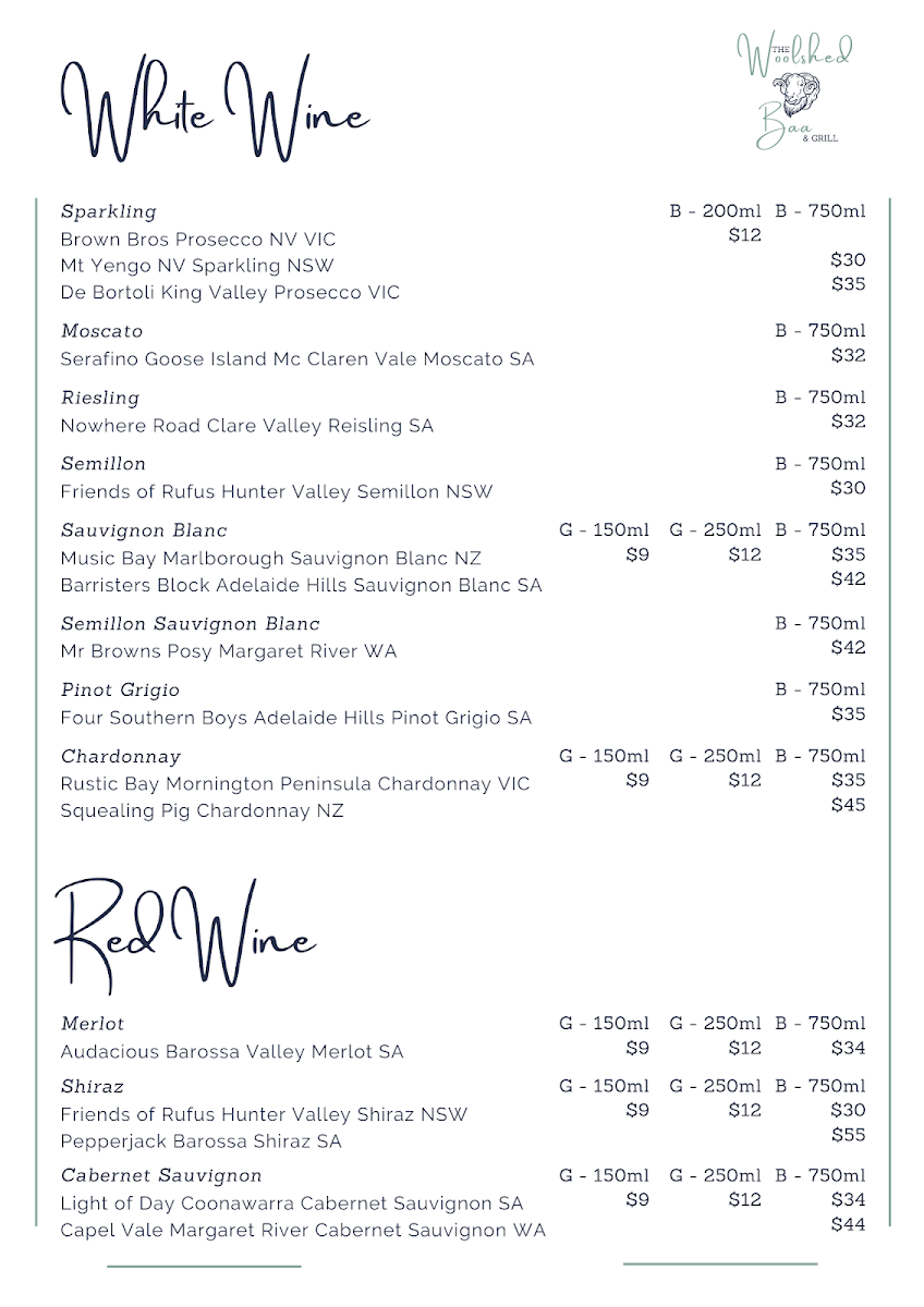 Menu, Woolshed Baa & Grill and Baa-rista