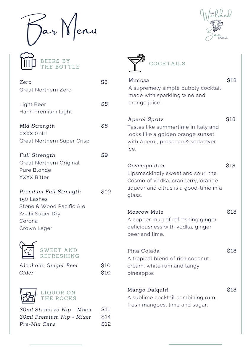 Menu, Woolshed Baa & Grill and Baa-rista